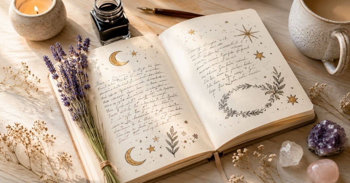 Spirituelles Journaling – offenes Notizbuch mit Kerze für die tägliche Schreibpraxis