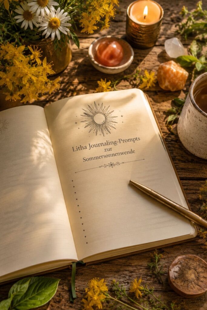 Notizbuch mit Litha Journaling-Prompts zur Sommersonnenwende auf einem Holztisch