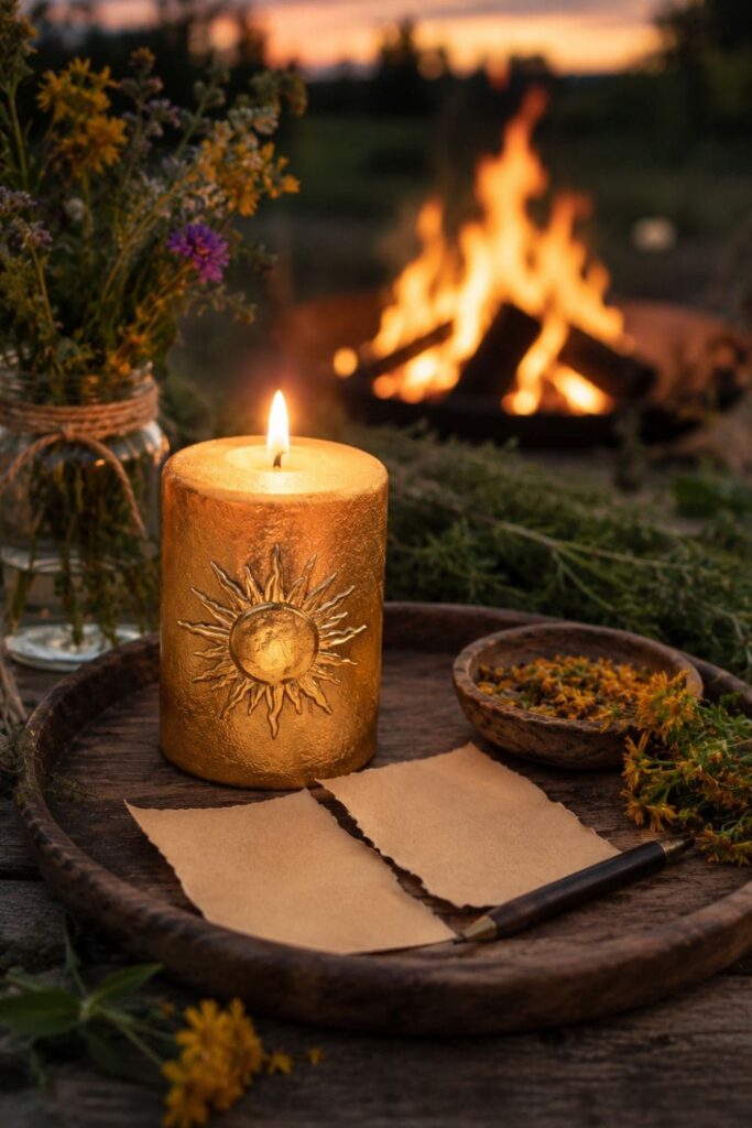 Litha Feuerritual mit brennender Kerze und zwei Zetteln für das Mittsommerfeuer-Ritual