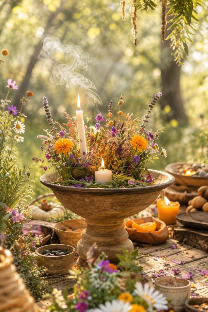 Lughnasadh Altar mit Sonnenblume, Weizenähren und Citrin