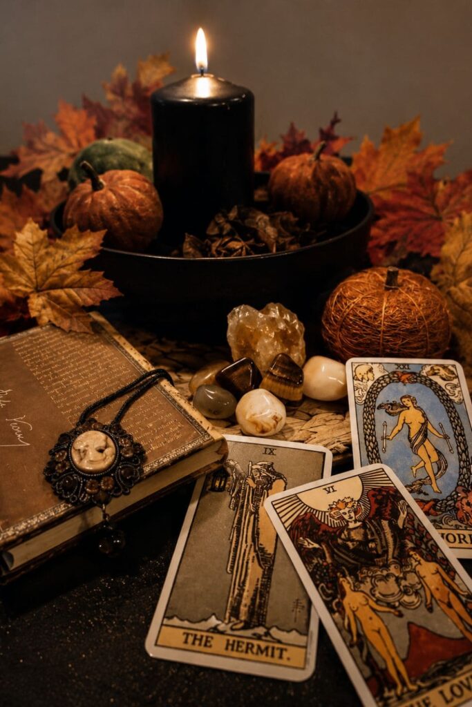 Mabon Altar mit Äpfeln, Eicheln, Rauchquarz und schwarzer Kerze und Tarotkarten