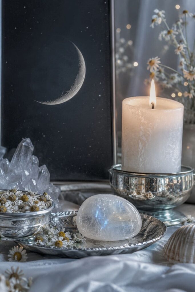 Neumond im Krebs Altar mit Mondstein, Kamille und weißer Kerze in Silber und Mondweiß