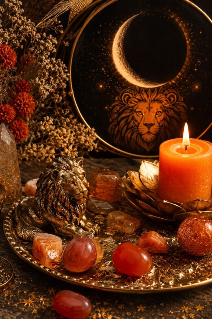 Neumond im Löwen Altar mit Karneol, Sonnenstein und orangefarbener Kerze in Gold und Orange
