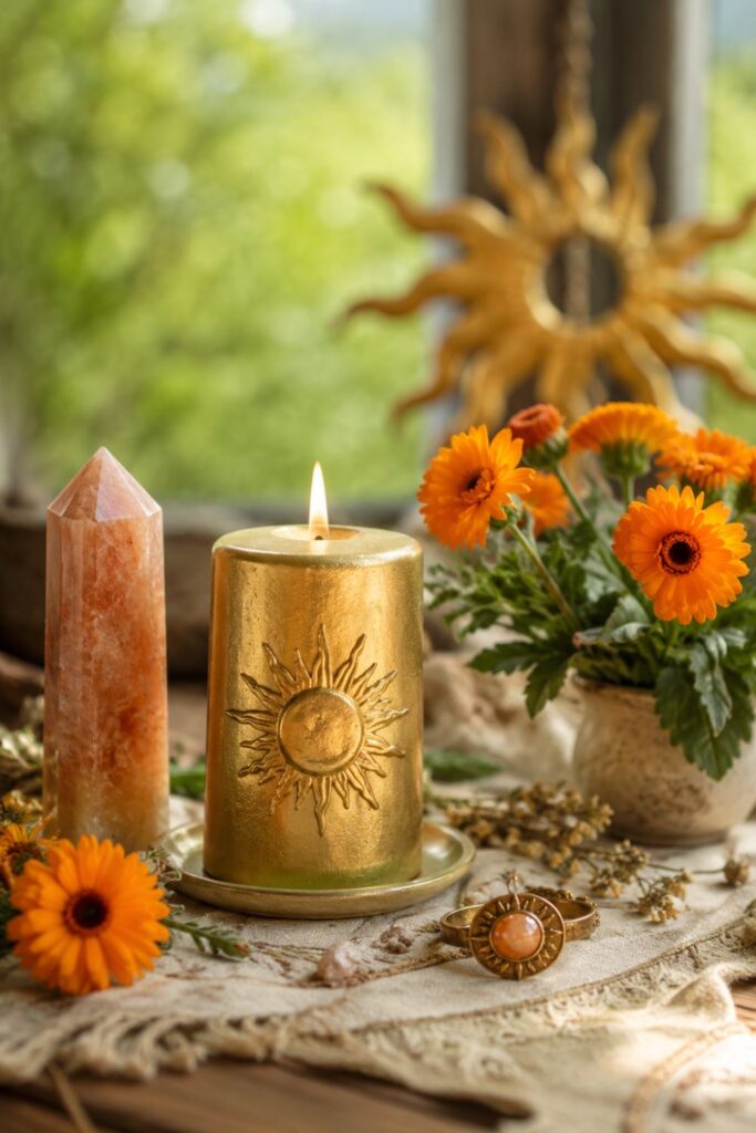 Litha Ritual Altar zur Sommersonnenwende mit Kerze in Gold, Sonnenstein und Ringelblum