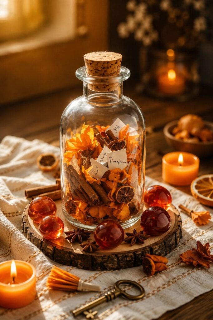 Altar für den Vollmond im Widder mit roter Kerze, Karneol und Ingwer