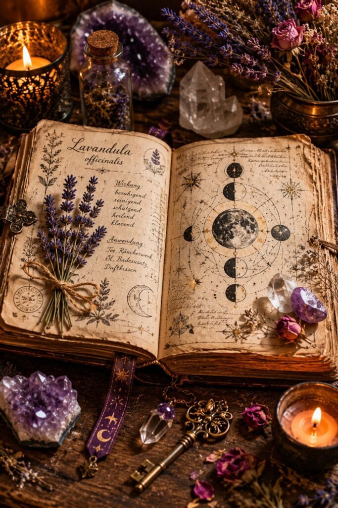 as ist ein Grimoire – handgeschriebenes Zauberbuch mit Kräutern und Kristallen