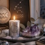 Altar für den Vollmond im Wassermann mit silberner Kerze und Amethyst