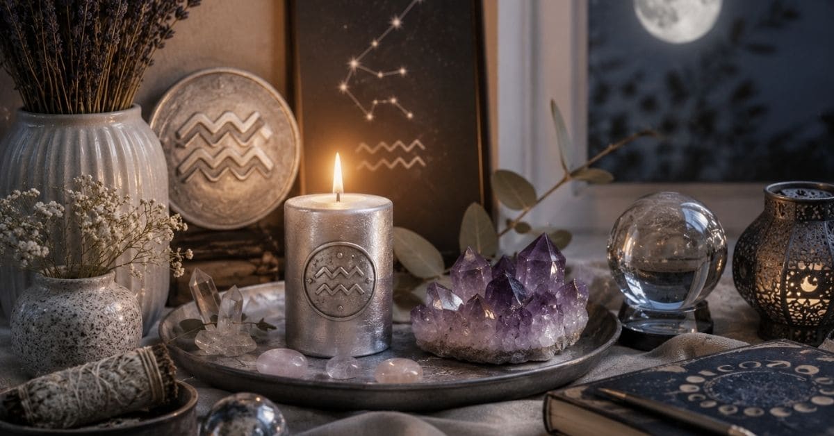 Altar für den Vollmond im Wassermann mit silberner Kerze und Amethyst