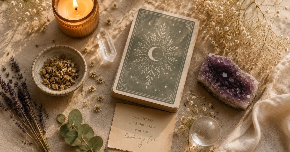 Tarot-Deck für Anfänger mit Journal und Kerze auf einem Holztisch