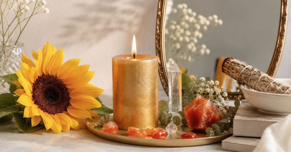 Altar für die Löwe Saison mit goldener Kerze und Karneol