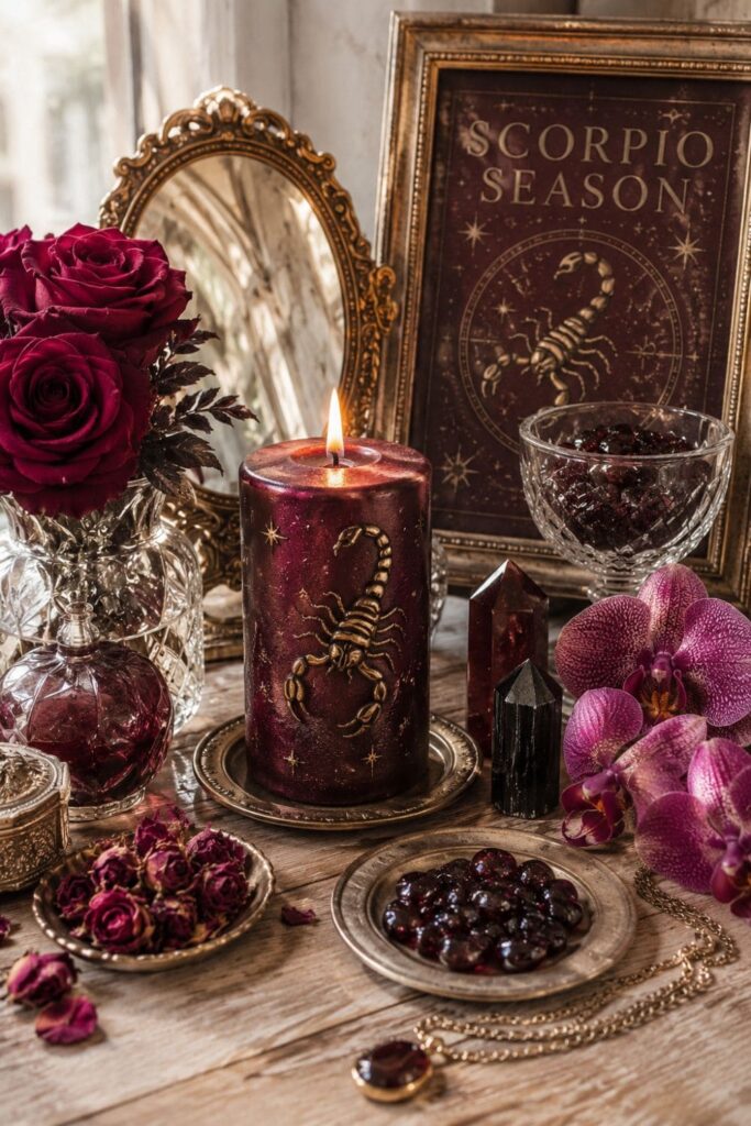 Skorpion Saison Altar mit Granat und Rose, rote Kerze
