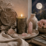 Vollmond im Stier: Bedeutung, Rituale und Korrespondenzen Vollmond im Stier Altar mit grüner Kerze und Rosenquarz Kristall