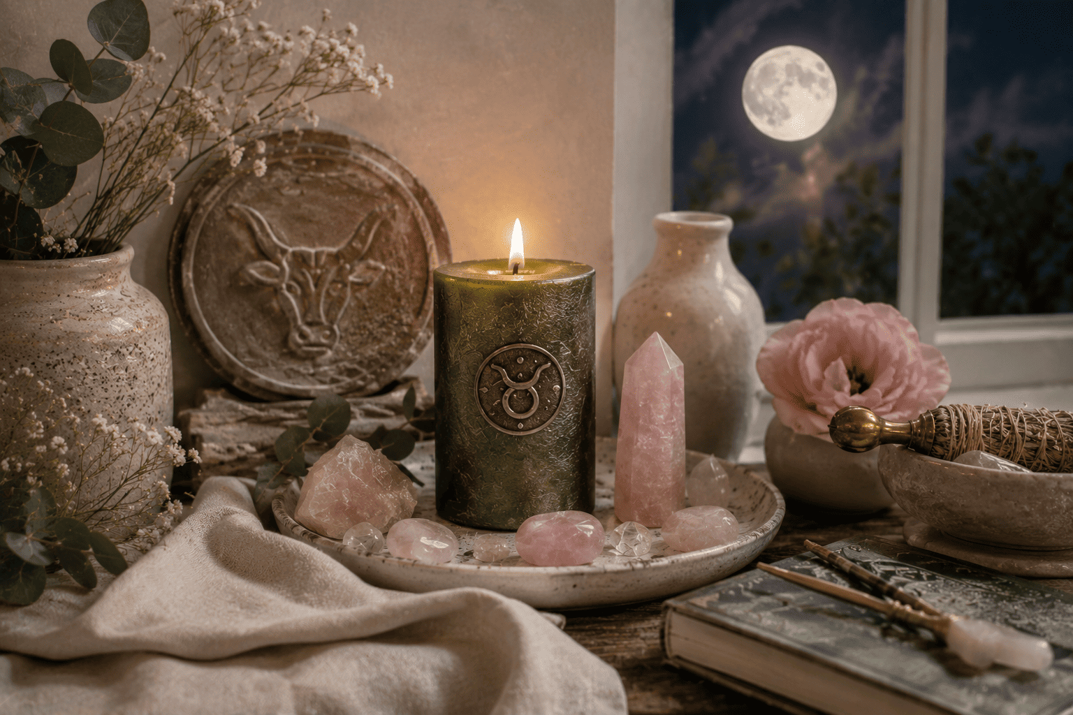 Vollmond im Stier Altar mit grüner Kerze und Rosenquarz Kristall